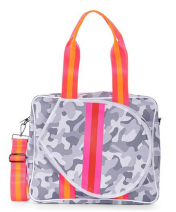 Haute Shore Billie Rise Tennis Bag-Light Grey Camo-Rose Pink/Orange Stripe