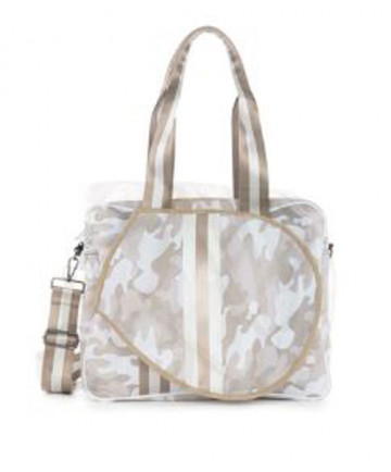 Haute Shore Billie Sahara Tennis Bag-Beige Camo-Rose Gold/White Stripe